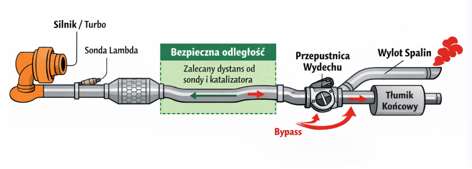Schemat montażu przepustnicy wydechu – bezpieczna odległość od sondy lambda i katalizatora