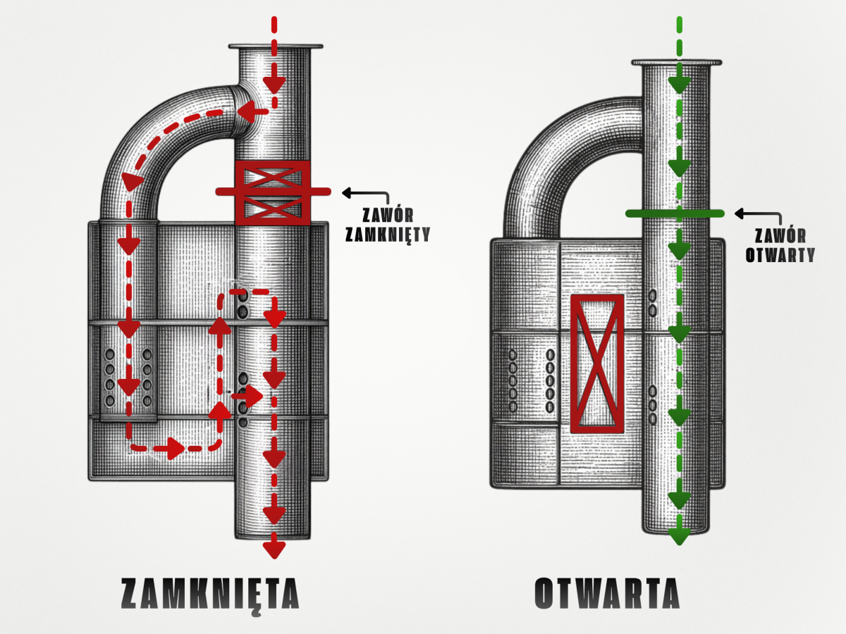 Przekrój tłumika aktywnego pokazujący zmianę drogi przepływu spalin przy zamkniętej i otwartej przepustnicy wydechu
